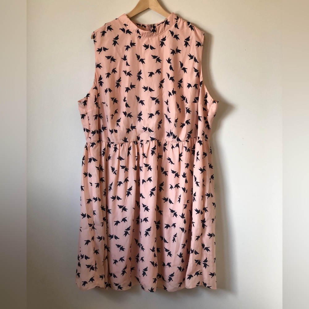 ModCloth Liza Luxe 4X bird print dress - retro pink sleeveless babydoll dress